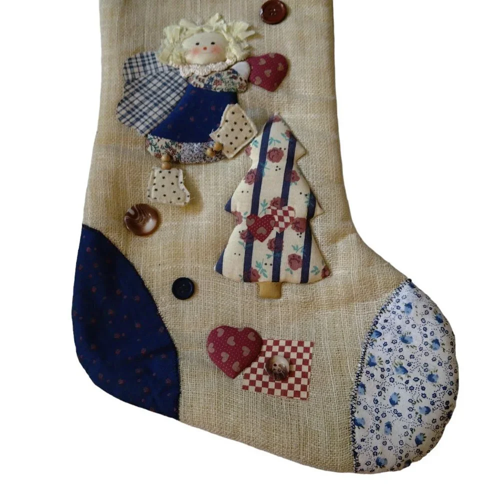 Country Christmas Angel  Stocking 18 Inch Applique Farmhouse CB1